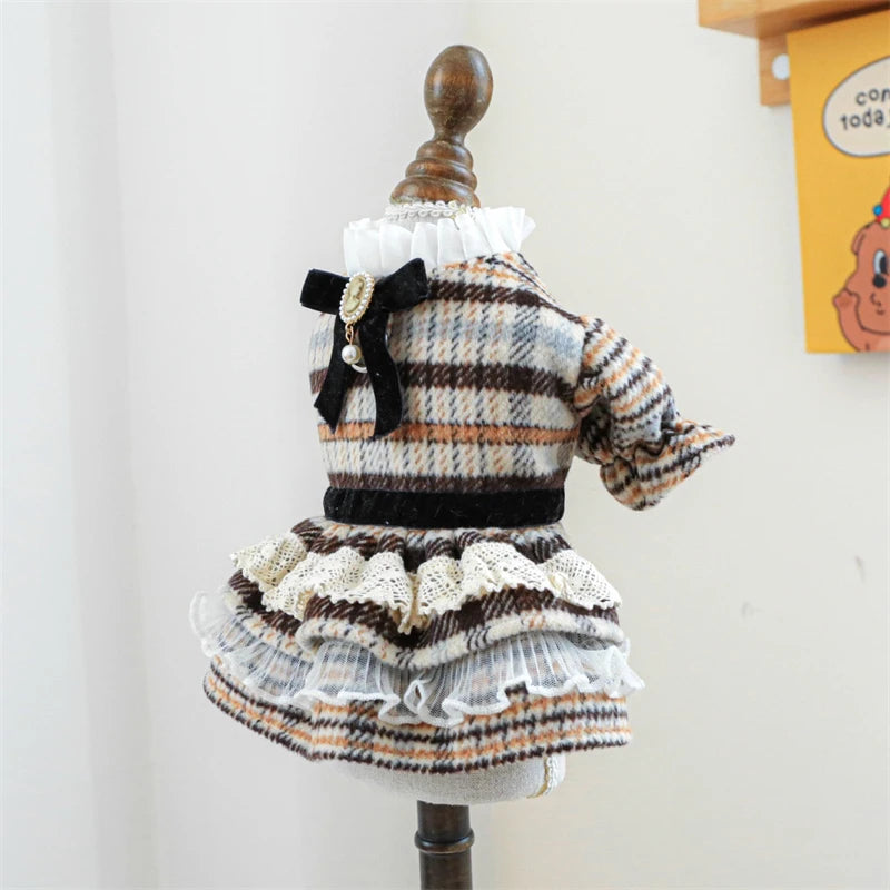High Collar Small Dog Clothes Plaid Woolen New Year Autumn Winter Brown Overalls for Cats Maillard Fashion Girl Chihuahua Dress