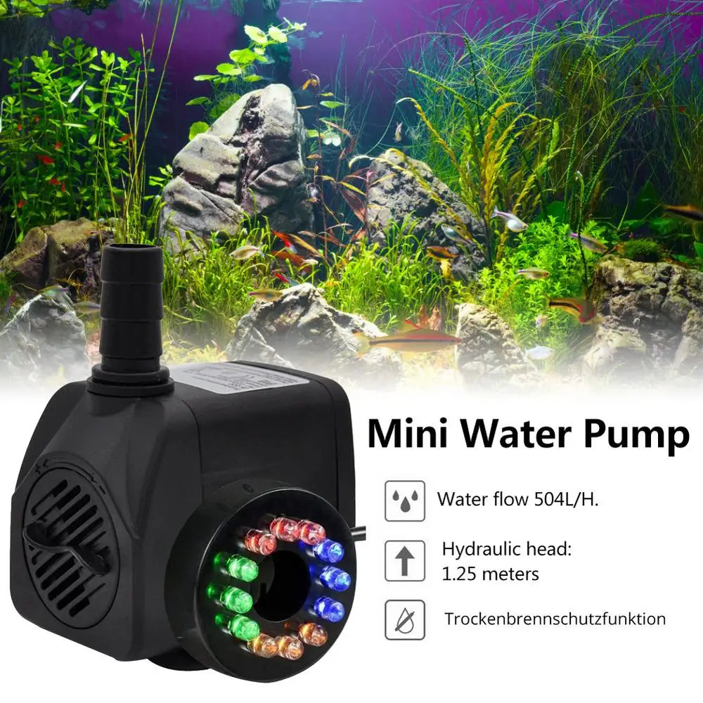 W Ultra Quiet Submersible Water Fountain Filter Fish Pond Aquarium Water Pump Tank Fountain With 12 Lights