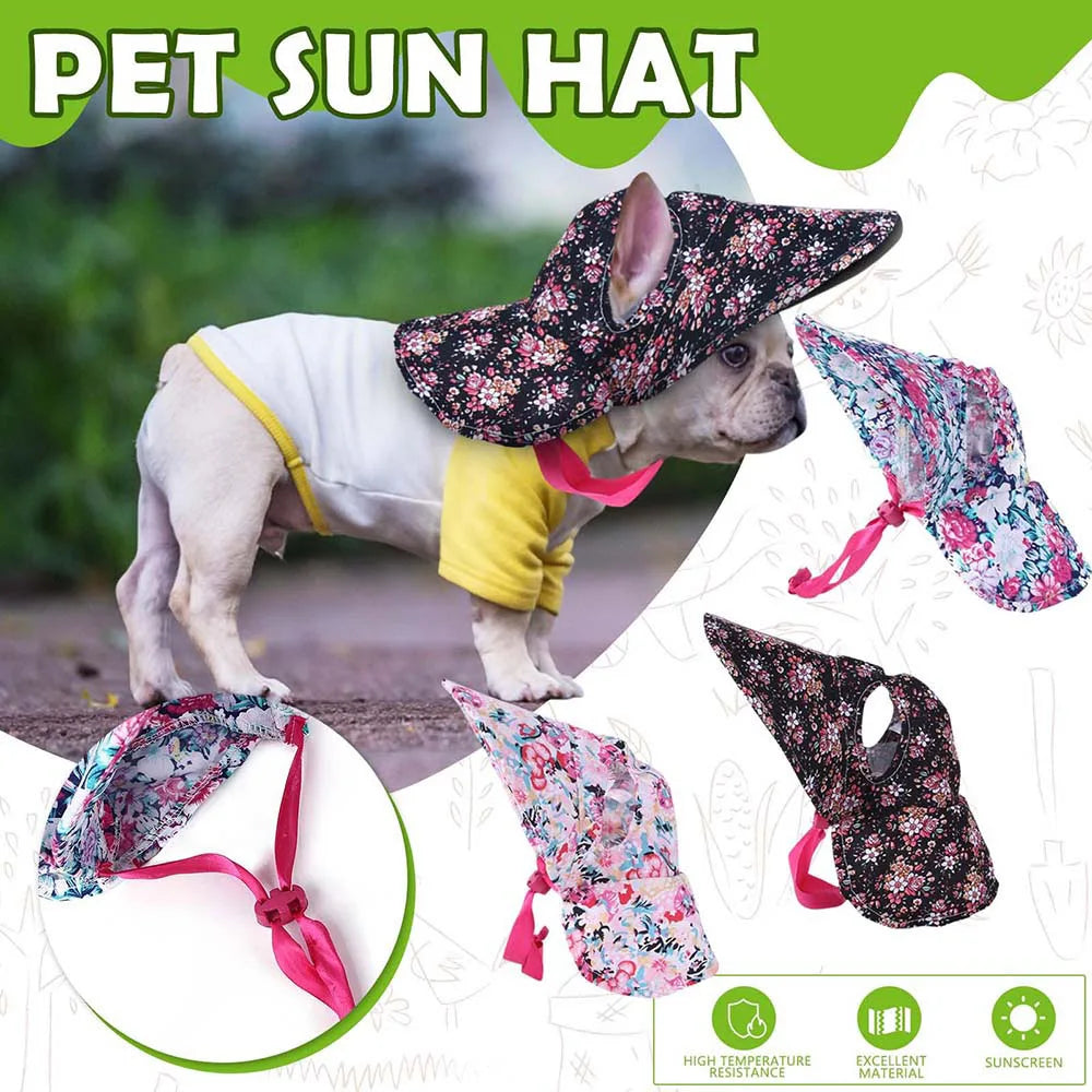 Dog Hat with Ear Holes for Outdoor Sun Protection Floral Dog Cap Female Summer Pet Visor Sunbonnet Adjustable for Girl Puppies