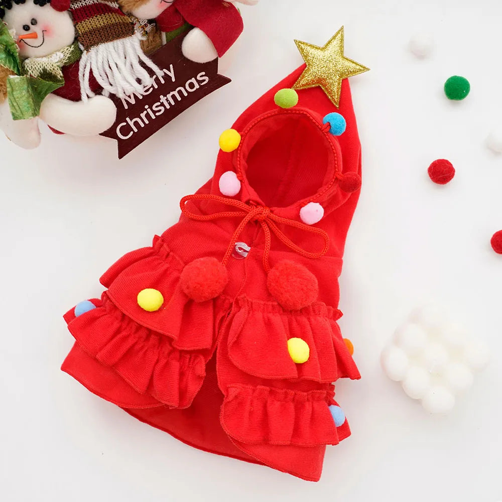 Pet Cat Dog Christmas Costumes Xmas Cloak with Stars and Pompons Christmas Cape Festive Pet Apparel Clothing for Small Dogs Cats