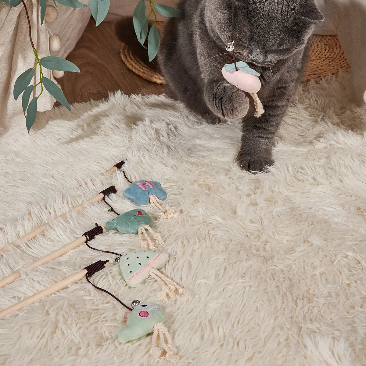Cat Toy Cat Teaser Sticks Wooden Rod Funny Cat Stick Light Color Plush Doll Elastic Rope With Bell Cat Self-hi Toy