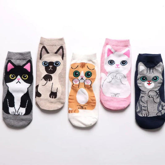 5 Pairs/Set Women's Cartoon Cute Cat Ankle Socks Breathable Perfect for Everyday Fashion