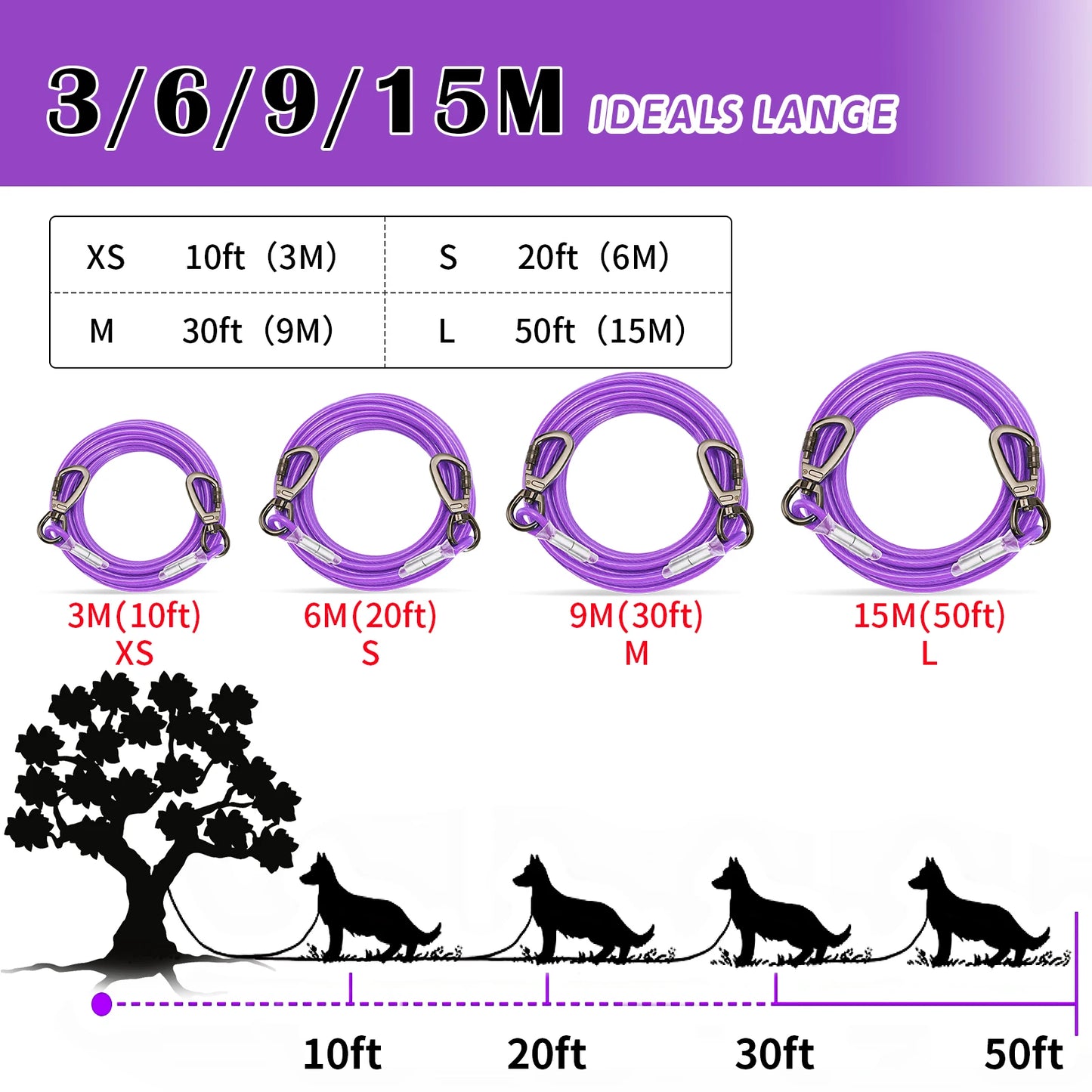 Double-headed Dog Tie Out Cable Leash ,raction rope with metal buckle steel wire anti-rust training collar,Outdoor Dogs Strap