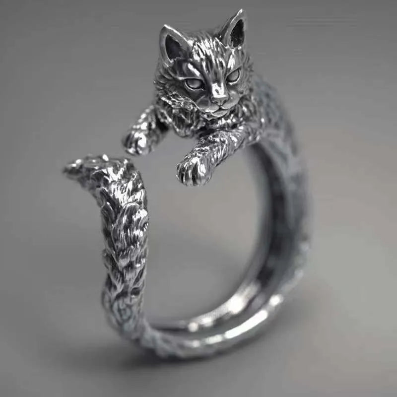 1pc Vintage Dark Alloy Cartoon Little Cat Open Ring For Women Personality Fashion Simple Ring Handicraft Gift For Girl