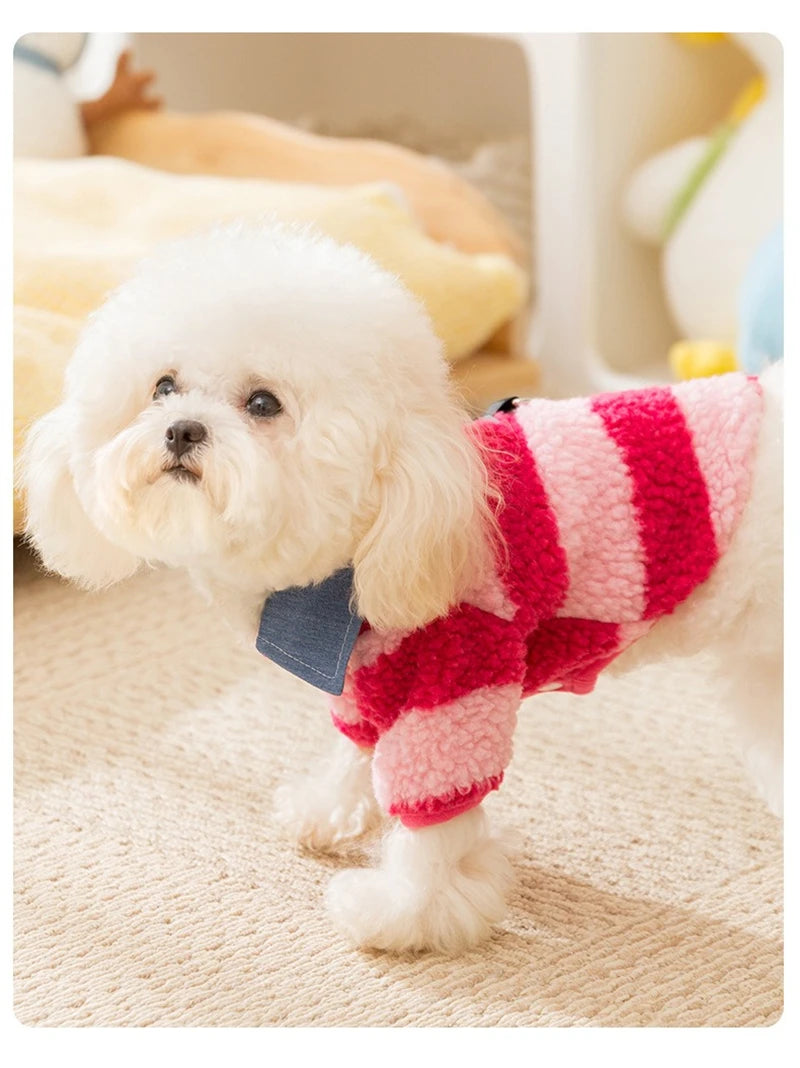 Velvet Warm Pet Cat Sweatshirts Chihuahua Half Sleeve Denim Collar Designer Striped Puppy Winter Clothes Soft Overalls for Yorks