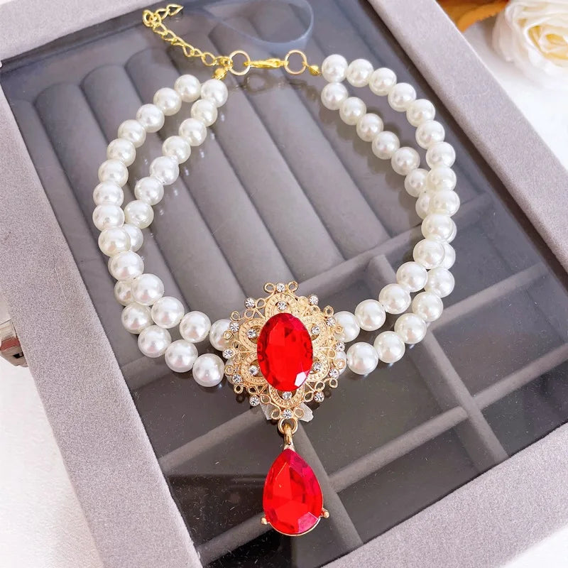 2 Rows Pet Pearls Collar Adjustable Puppy Dog Rhinestone Jewelry Necklaces with Luxury Crystal Accessories for Small Dogs Cats