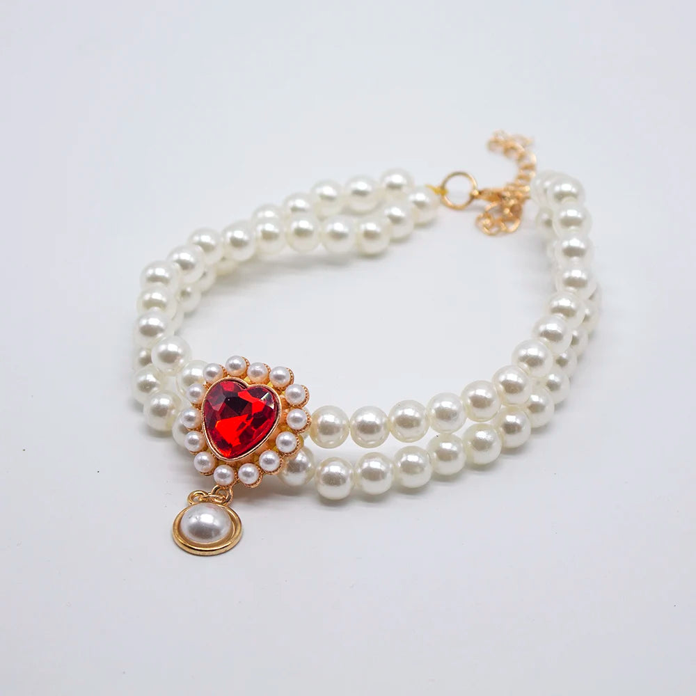 2 Rows Luxury Dog Cat Pearl Necklace Collar for Small Dogs Cats Yorkie Wedding Birthday Costume Crystal Jewelry Pet Accessories