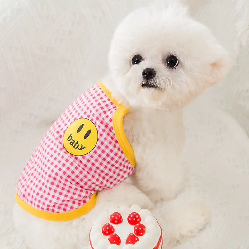Summer Suspenders Dog Clothes Cute Smile Plaid Dog Vest Pet T-Shirt Chihuahua Pug Bichon 2024 Puppy Apparel Girls Dog Shirt