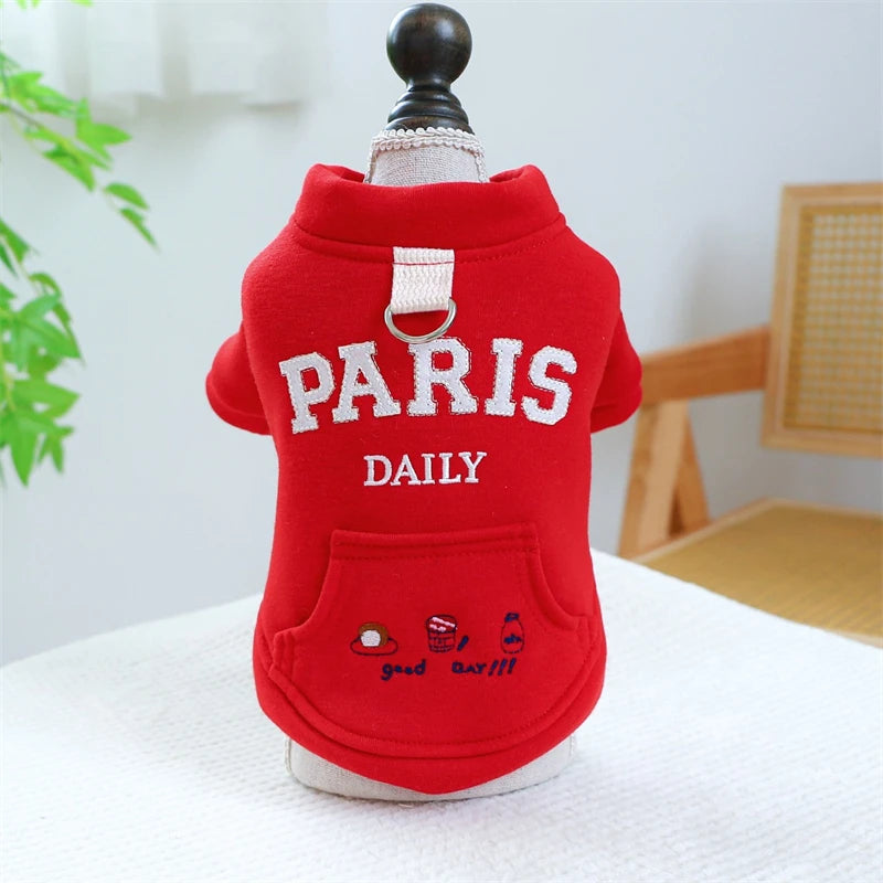 Embroidery Paris Pet Cat Sweatshirt for French Bulldog Warm Fleece Small Medium Dog Clothing New Year Winter Red Puppy Overalls