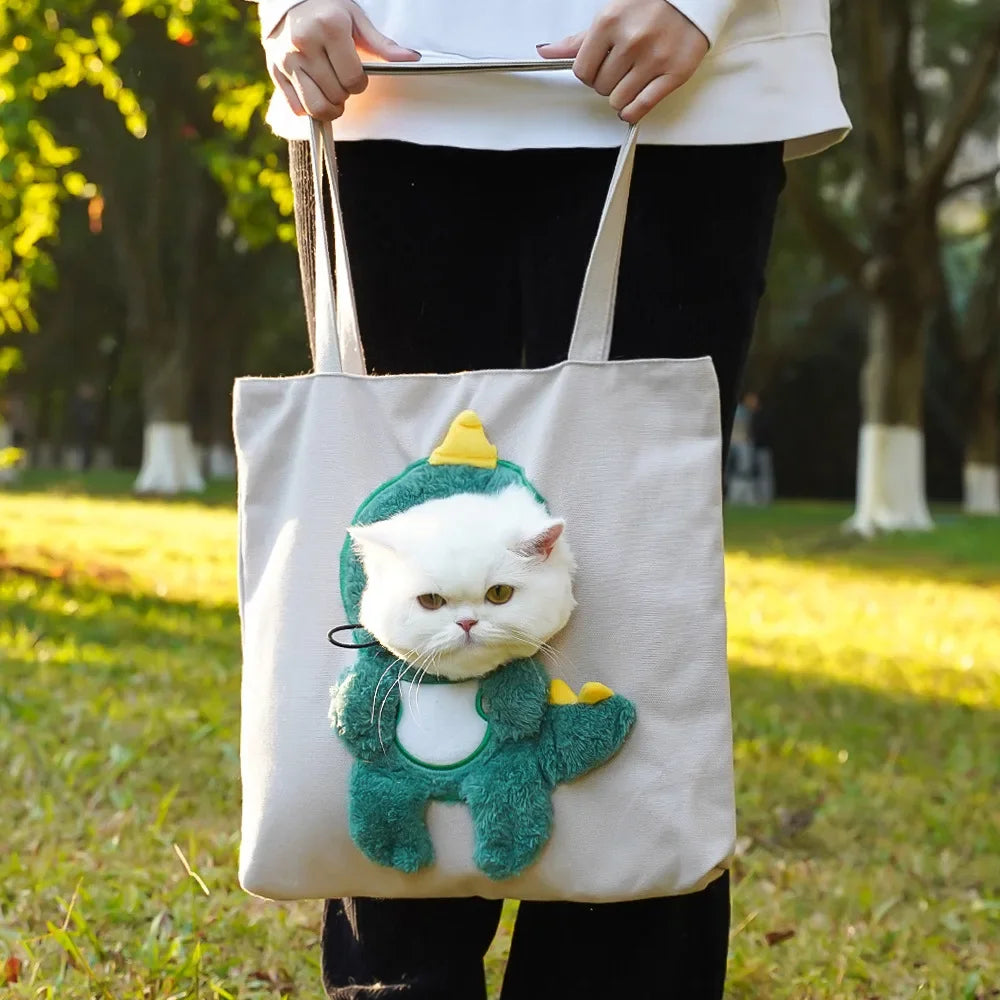 Pet Canvas Shoulder Bag Bee Rabbit Dinosaur Shape Cute Cat Carrier Portable Shoulder Carrying Bag Chest Cat Bag Outdoor Cat Tote
