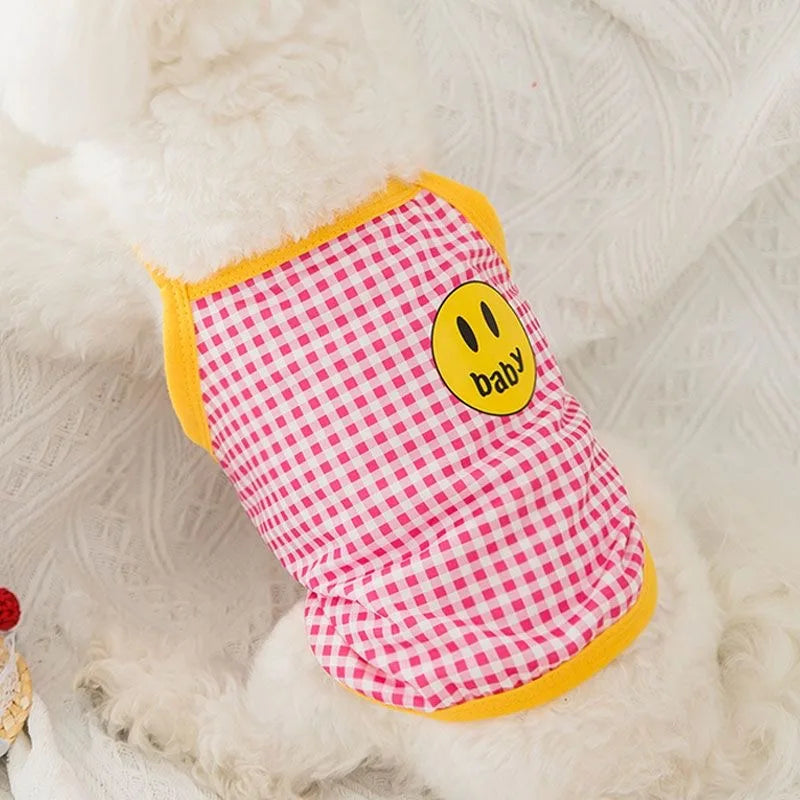 Summer Suspenders Dog Clothes Cute Smile Plaid Dog Vest Pet T-Shirt Chihuahua Pug Bichon 2024 Puppy Apparel Girls Dog Shirt
