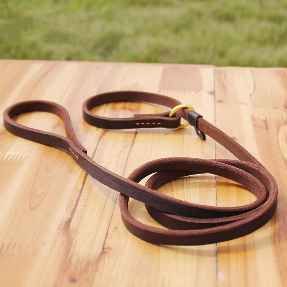 Pet Dog Flat Slip Lead British Style Durable Real Leather Dog Leash Smooth Adjustable Dog Slip Loop Lead for Walking & Showing