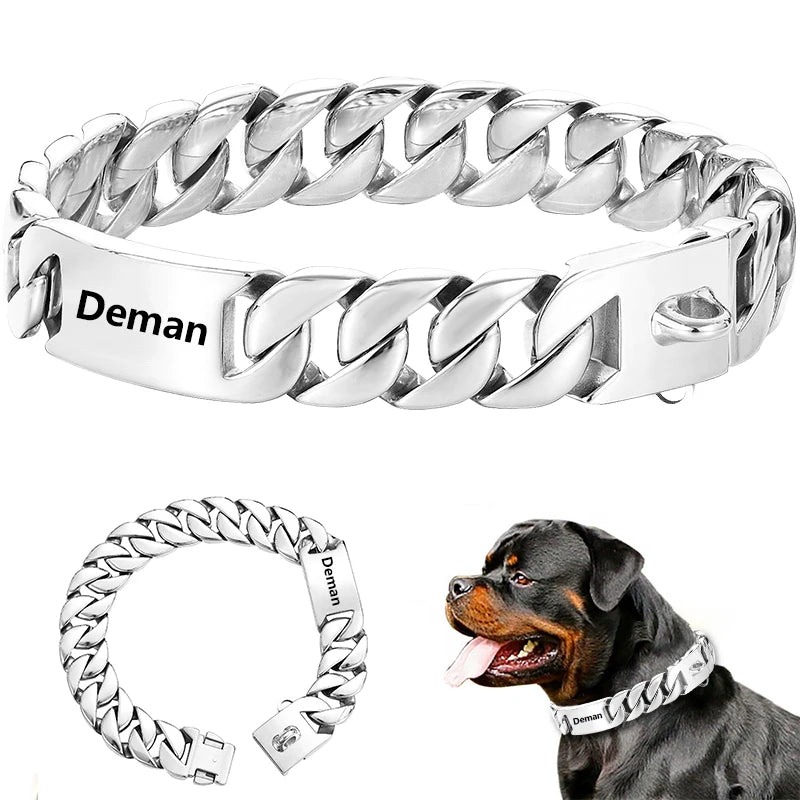 Big Dog Chain Collar Free engraving Personalized 32mm wide Stainless Steel Metal Cuban link Chew Proof Pet Collars For large dog