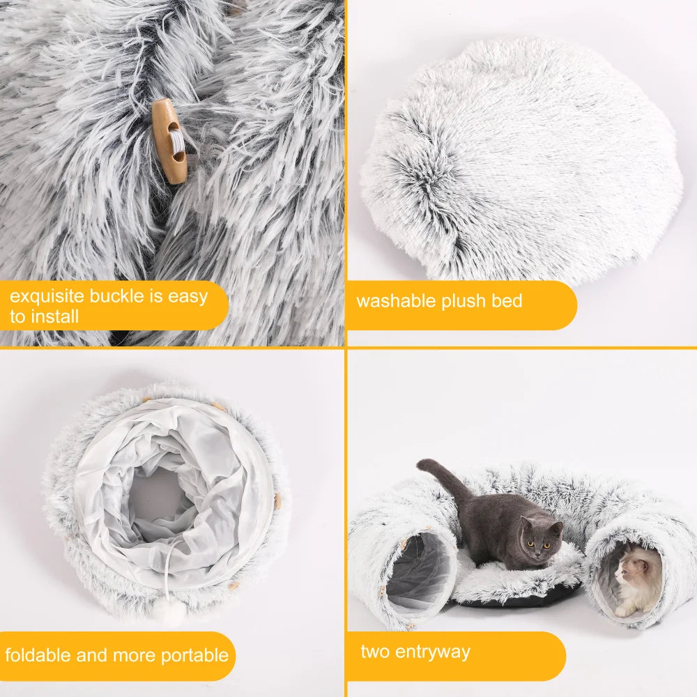 Plush Pets Cat Kennel Gray Foldable Round Cats Nest Crossing Tunnel Bed Winter Warm Collapsible Basket Cushion Mat Pet Supplies