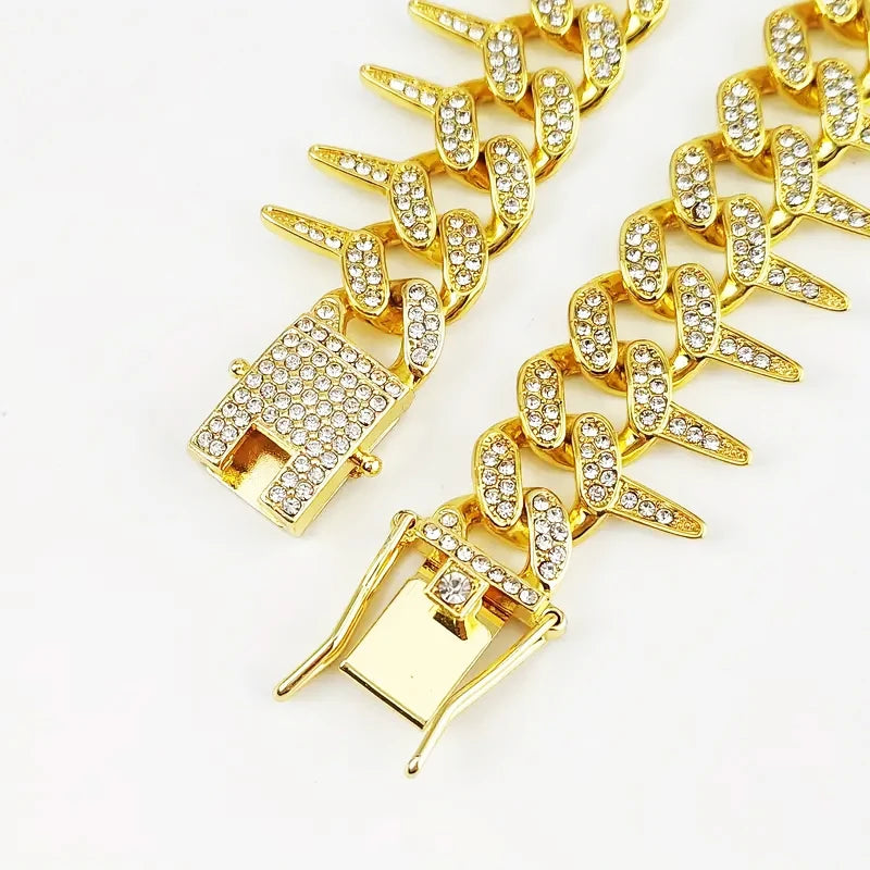Gold Dog Chain Collar Walking Chain Diamond Necklace, 20MM Cuban Link Chains Jewelry with Thorn Design,for Small Midium Dogs Cat