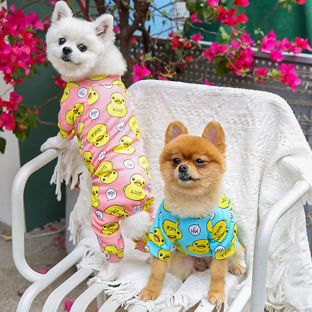 Dog Jumpsuit Puppy Dog Onesies Clothes Cat Dog Soft Pajamas Cute Duck Printed Pet Shirt Bodysuits for Teddy Pomeranian Apparel
