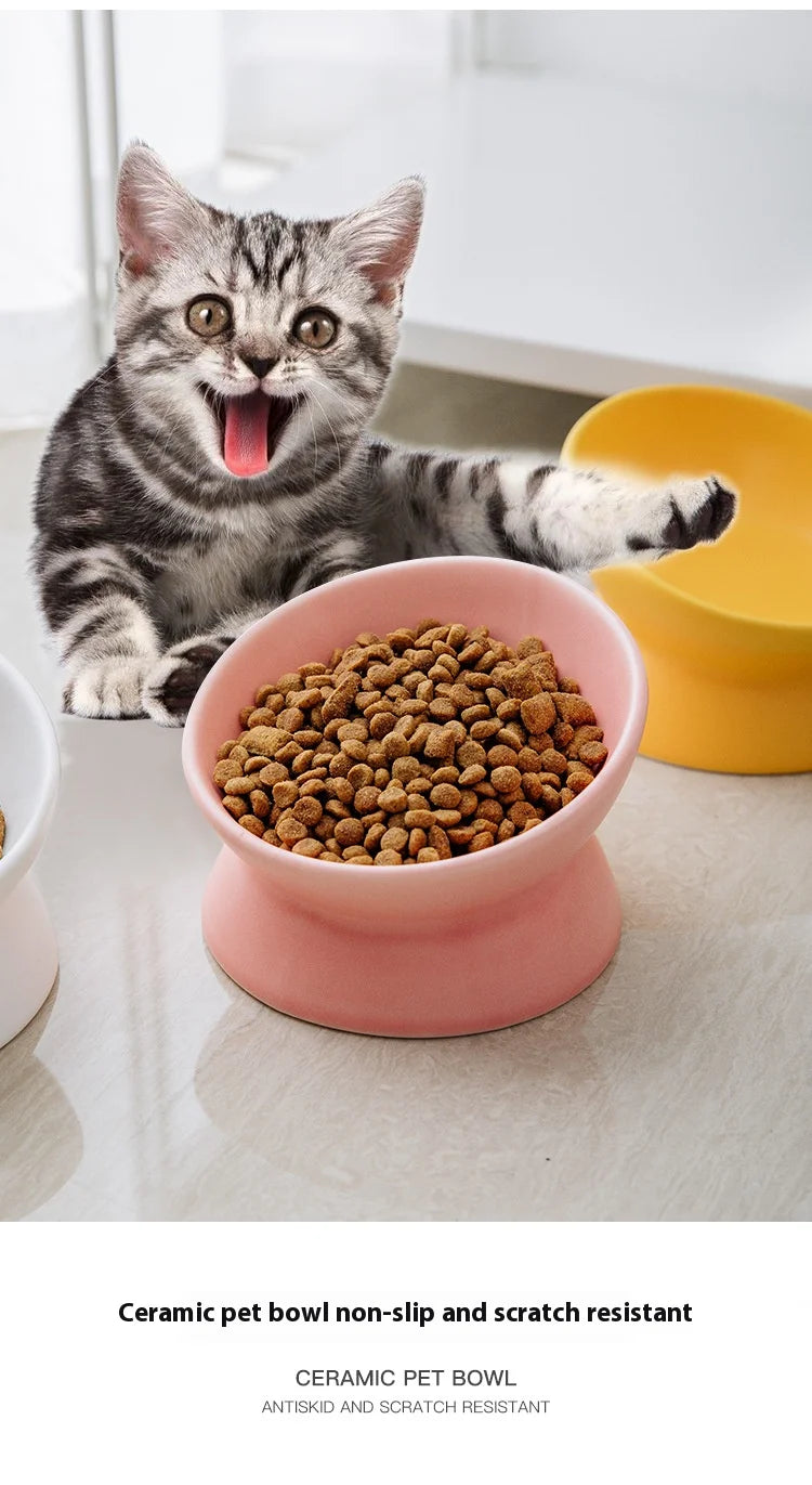 Ceramic bowl, cat bowl, dog bowl, pet bowl, slanted mouth, high foot protection, cervical spine, dog, cat, food bowl, pet suppli