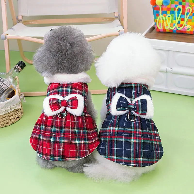 Christmas Plaid Clothes Thermal Fleece Lined Dog Winter Dress Coat with Luxury Faux Fur Collar for Small Dogs Puppy York Beagle