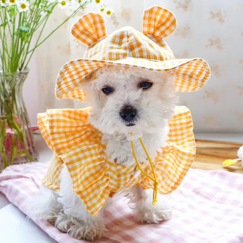 Pastoral Style Plaid Cat Hat Cute Ears Sunshade Cap for Dogs Summer Pet Headwear Unisex Outdoor Hats Chihuahua Dogs Accessories