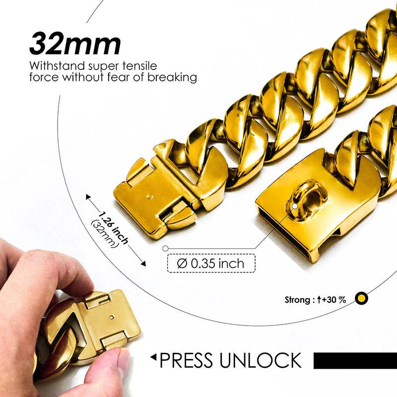 Strong 32mm Wide Gold Dog Chain Collars Heavy Stainless Steel Dogs Choker Pitbull Gold Dog Necklace For Large Huge Dogs