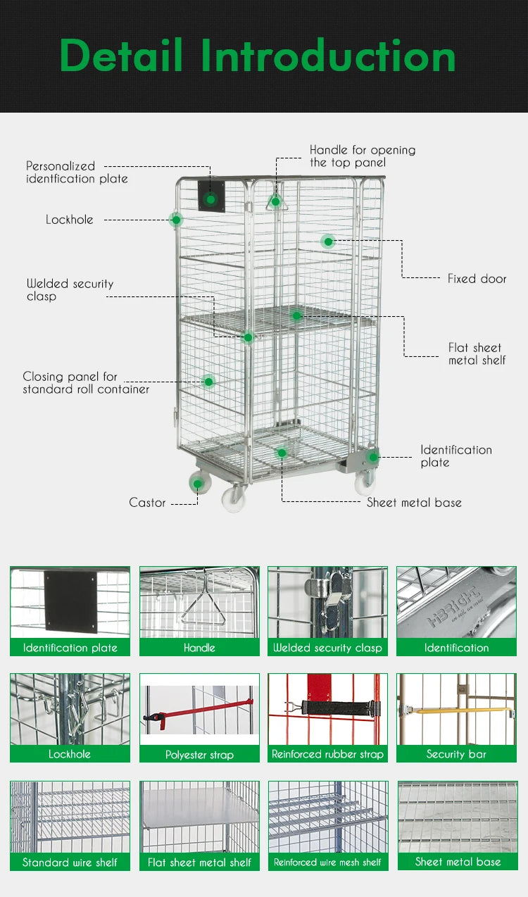 4 Sided Secure Supermarket Warehouse Cargo Industry Steel Storage Roll Cage