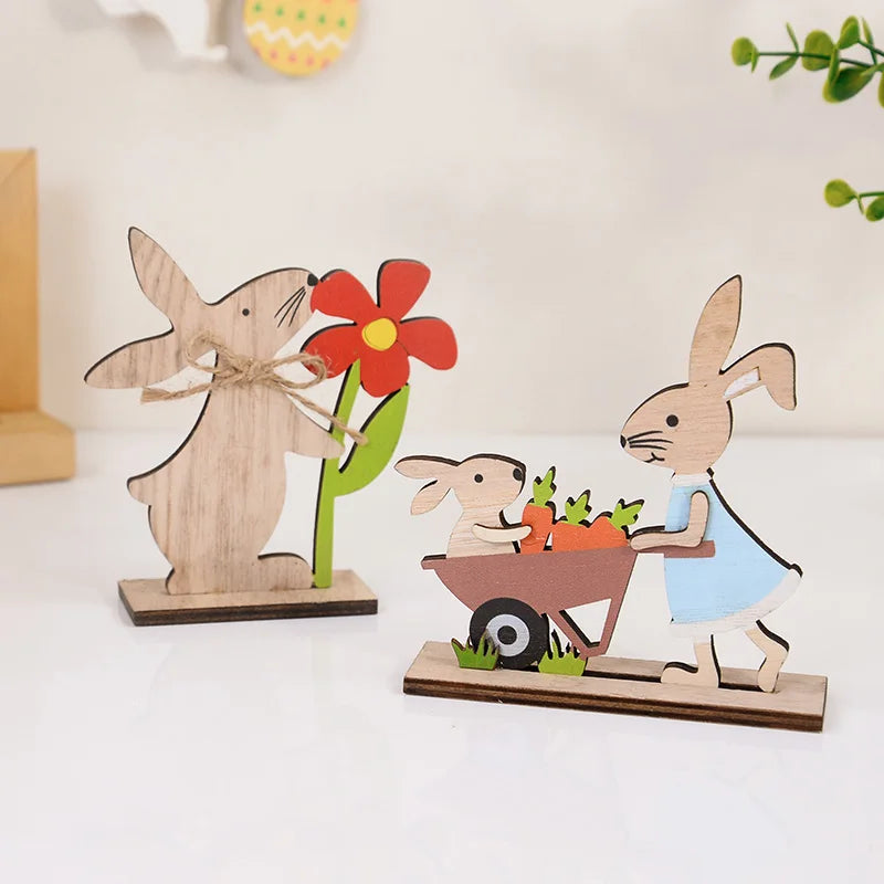 2025 Easter Wooden Rabbit Ornaments Standing Bunny with Flower for Spring Easter Party Home Table Decoration DIY Crafts Supplies