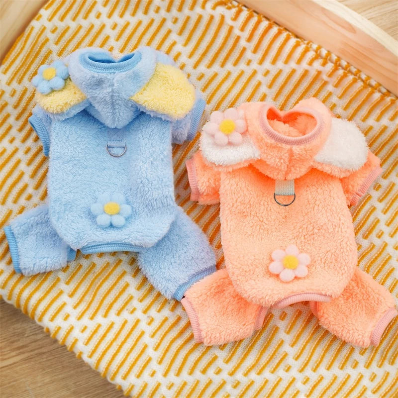 Soft Flannel Pet Dog Clothes Light Blue Solid Flower Winter Overalls for Cats New Year Cosplay Chihuahua Coat Kitten Sweatshirts