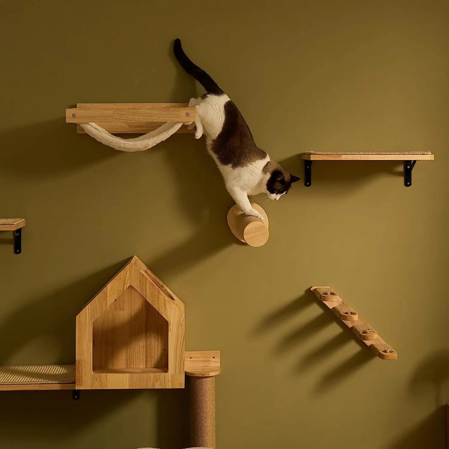 Cat Climbing Shelves Tree Tower Wall Mounted Furniture for Cats Jumping Platform Cat Scratching Post Ladder Solid Wooden Steps