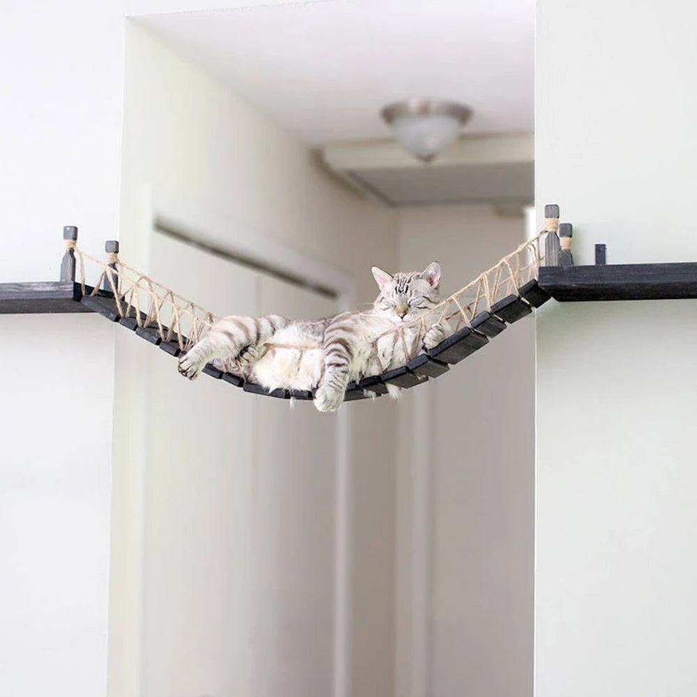 Cat Wall Cat Tree Wooden Climbing Shelves Cat Hammock Bridge with Sisal Ladder and Platform for Kitten Pet Furniture Playground