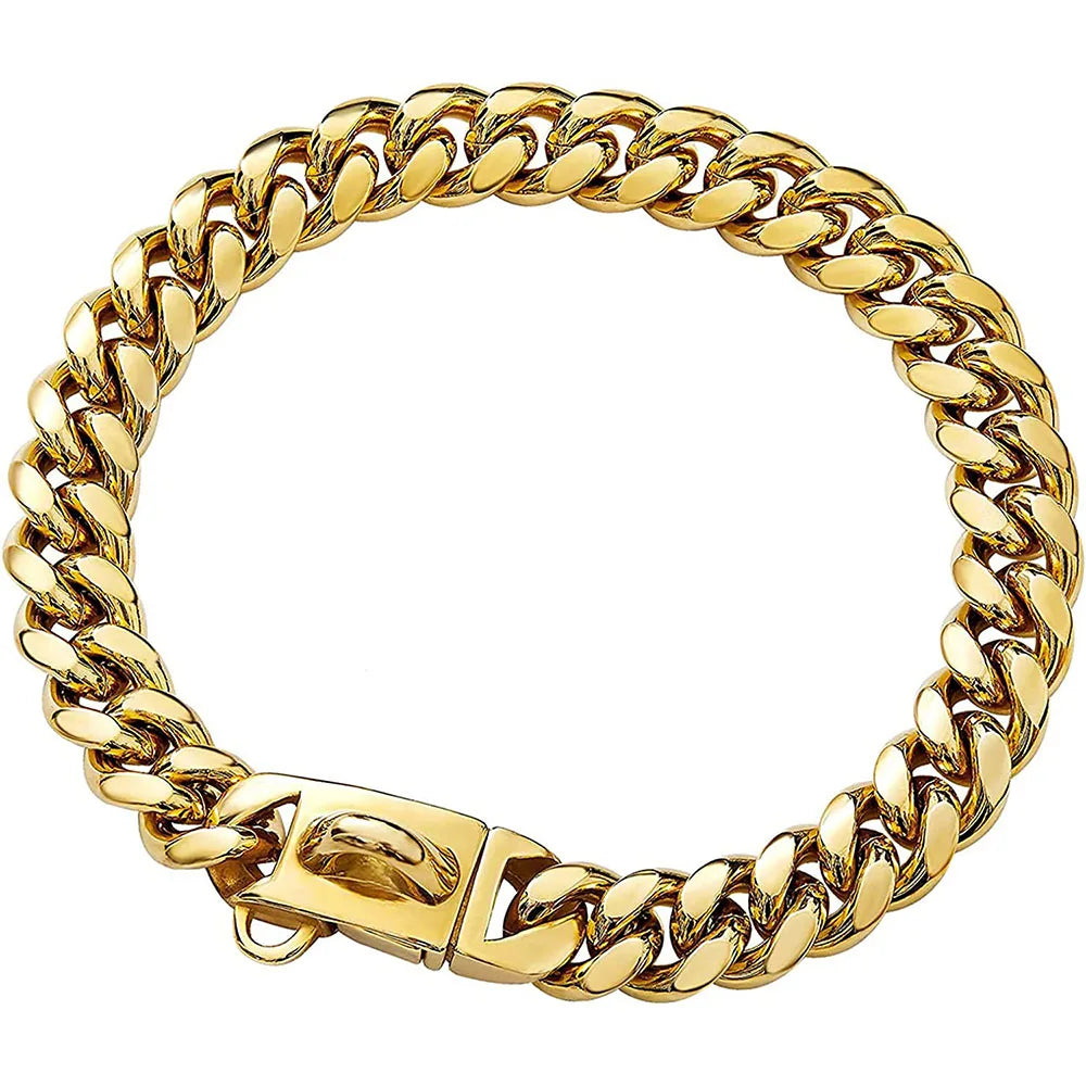 Gold Dog Chain Collar 15mm Stainless Steel Cuban Link Chain Strong Heavy Duty Chew Proof Dog Necklace with Buckle for Dogs