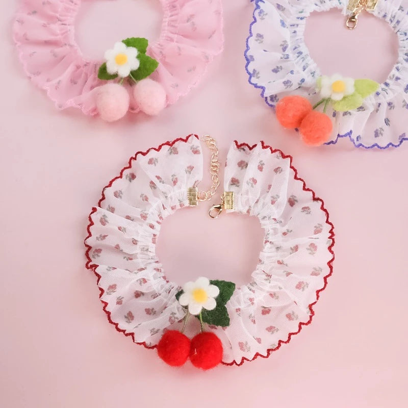 Red Pink Cherry Dog Collar for Chihuahua York Lace Floral Birthday Kitten Necklace Romantic Princess Pet Cat Neck Accessories