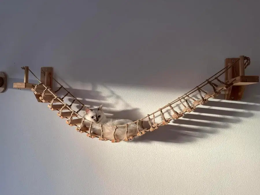 Cat Tree Wall Mounted Climbing Shelves Wooden Hammock with Ladder and Cat Bridge for Cat Perch Sleeping Pet Indoor Playground