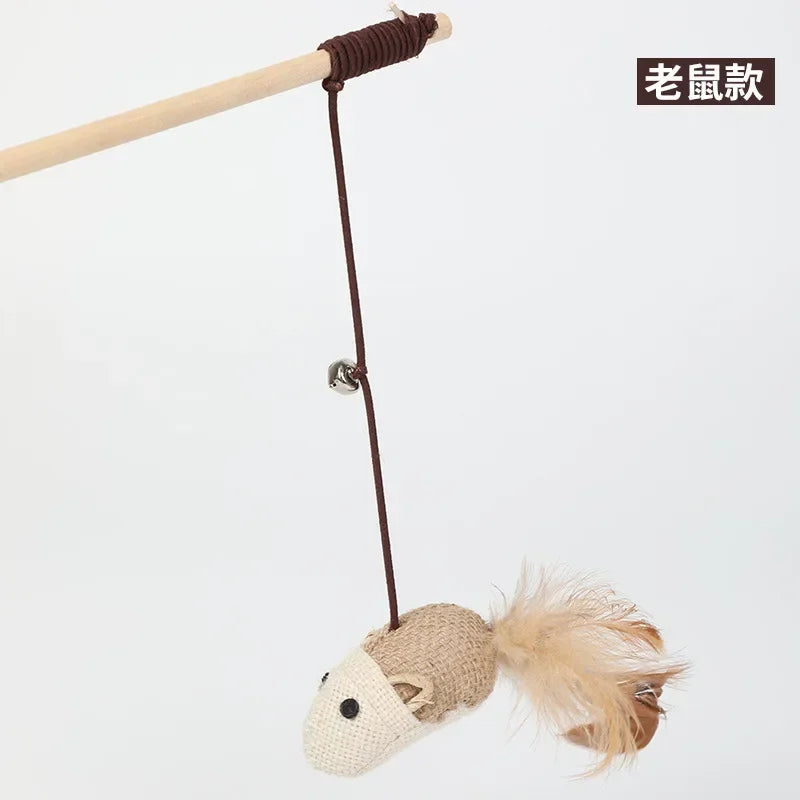 40cm Pet Cat Teaser Toys Feather Linen Wand Cat Catcher Teaser Stick Cat Interactive Toys Wood Rod Mouse Toy with Mini Bell