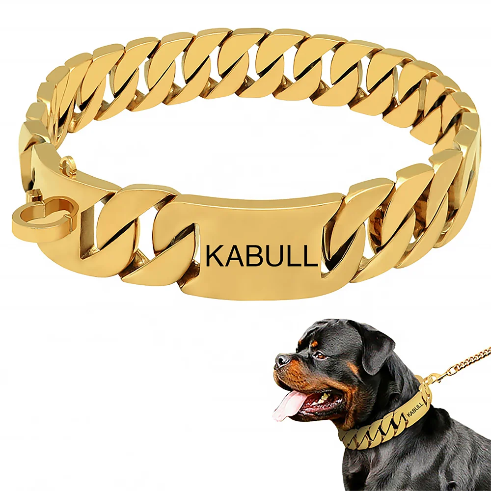 Personalized Dog Name Metal Gold Dog Chain Collars Stainless Steel Pet Training Choke Collar For Large Dogs Pitbull Collar