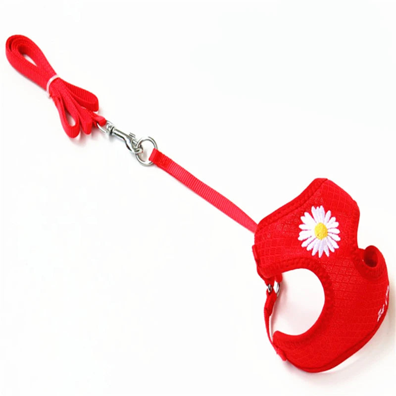 Nylon Dog Harness and Leash Set for Small Medium Dogs, Adjustable Daisy Embroidery Puppy Mesh Vest Harness Pet Accessories