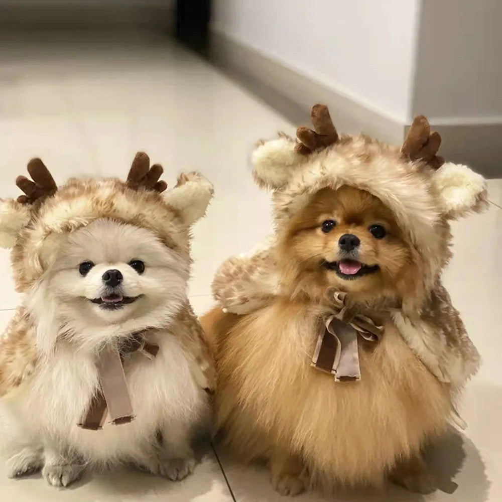 Pet Christmas Costume Puppy Xmas Cloak Cats Dogs Santa Cape with Elk Hat Pet Party Cosplay Dress for Small to Medium Sized Dogs