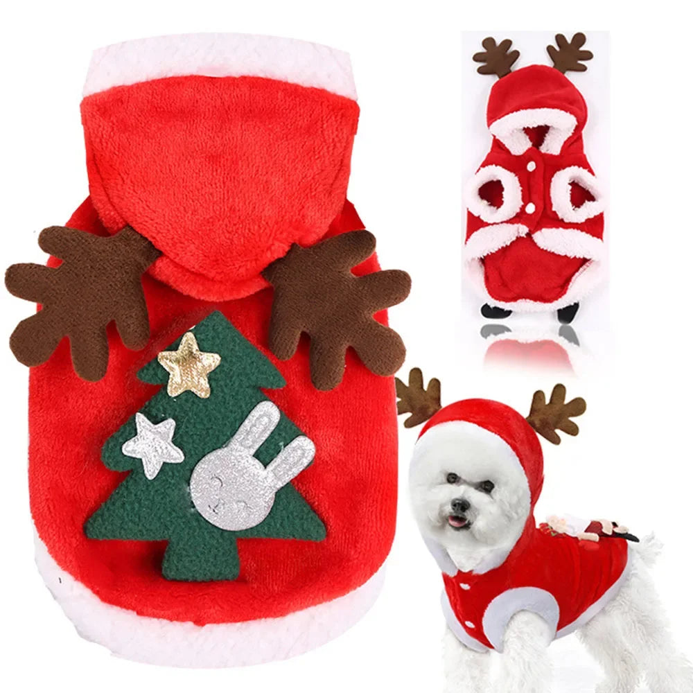 Christmas Dog Clothes Hoodie Pet Dog Sweater Flannel Antlers Scarf Winter Warm Small Dog Outfit Cat Hooded Clothing Costume Coat