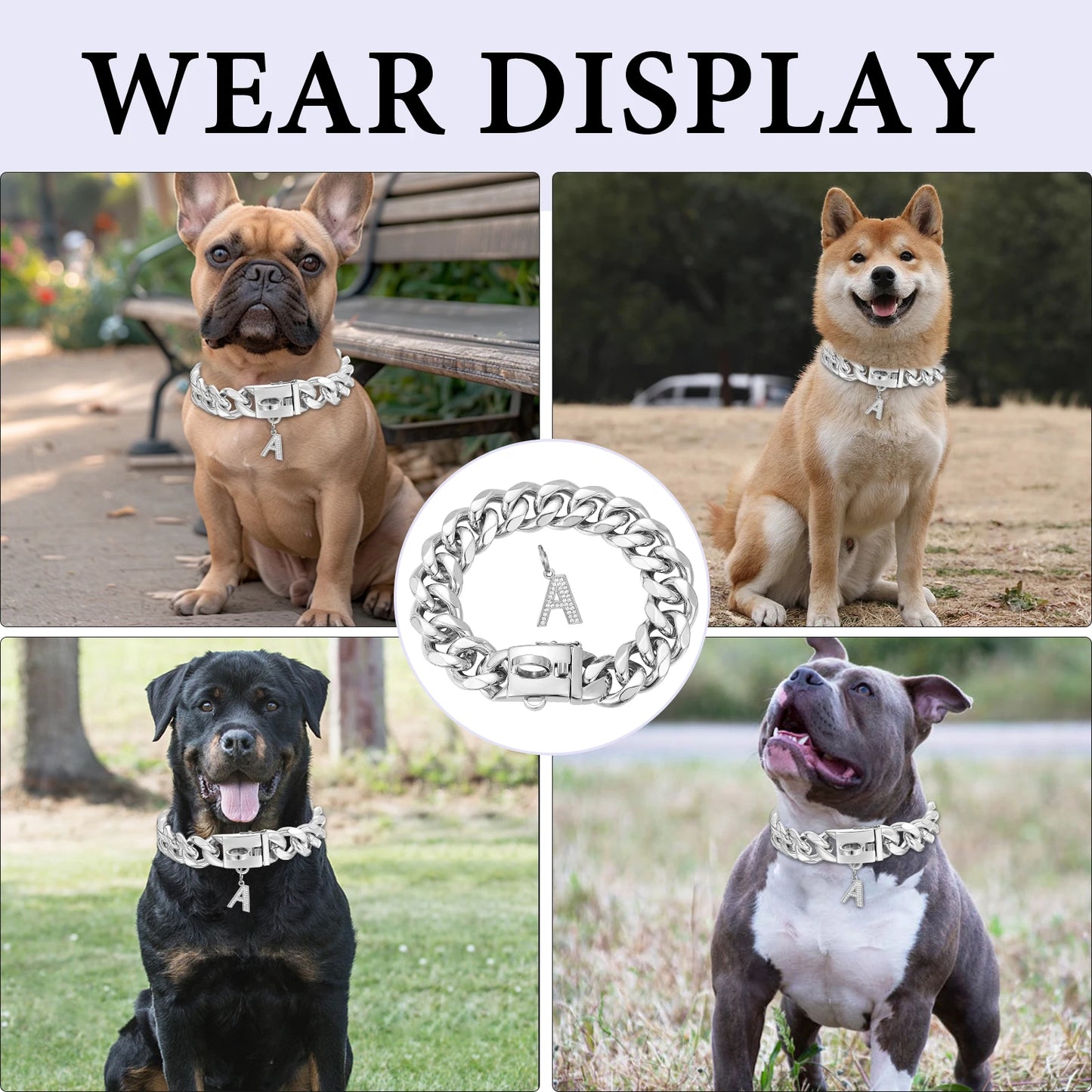 Gold Dog Chain Collar with Pendant A 15/19mm Wide Cuban Link Strong Stainless Steel Chew Proof Collar for Small Medium Large Dog