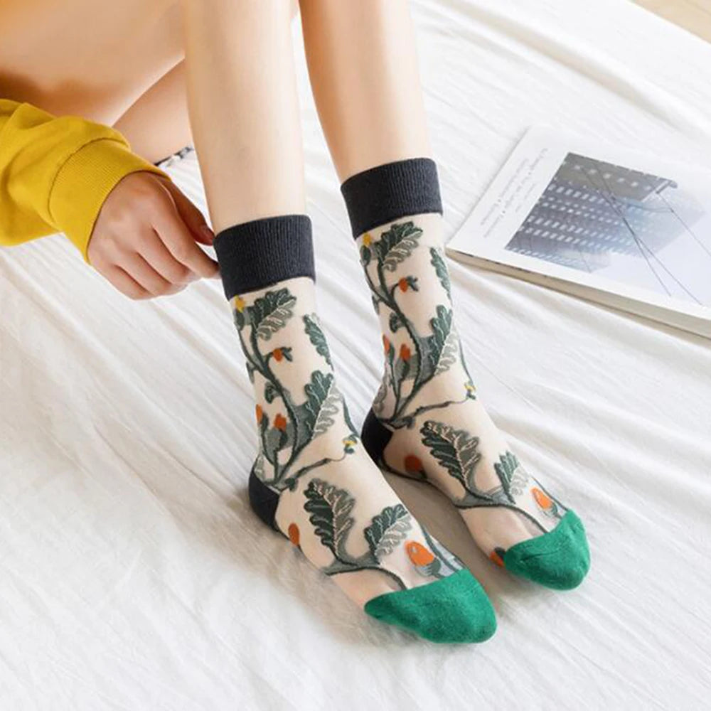 5 Pairs/Set France Hipster Design Glass Silk Floral Bird Funny Socks Women Transparent Art Ankle  Socks Jacquard