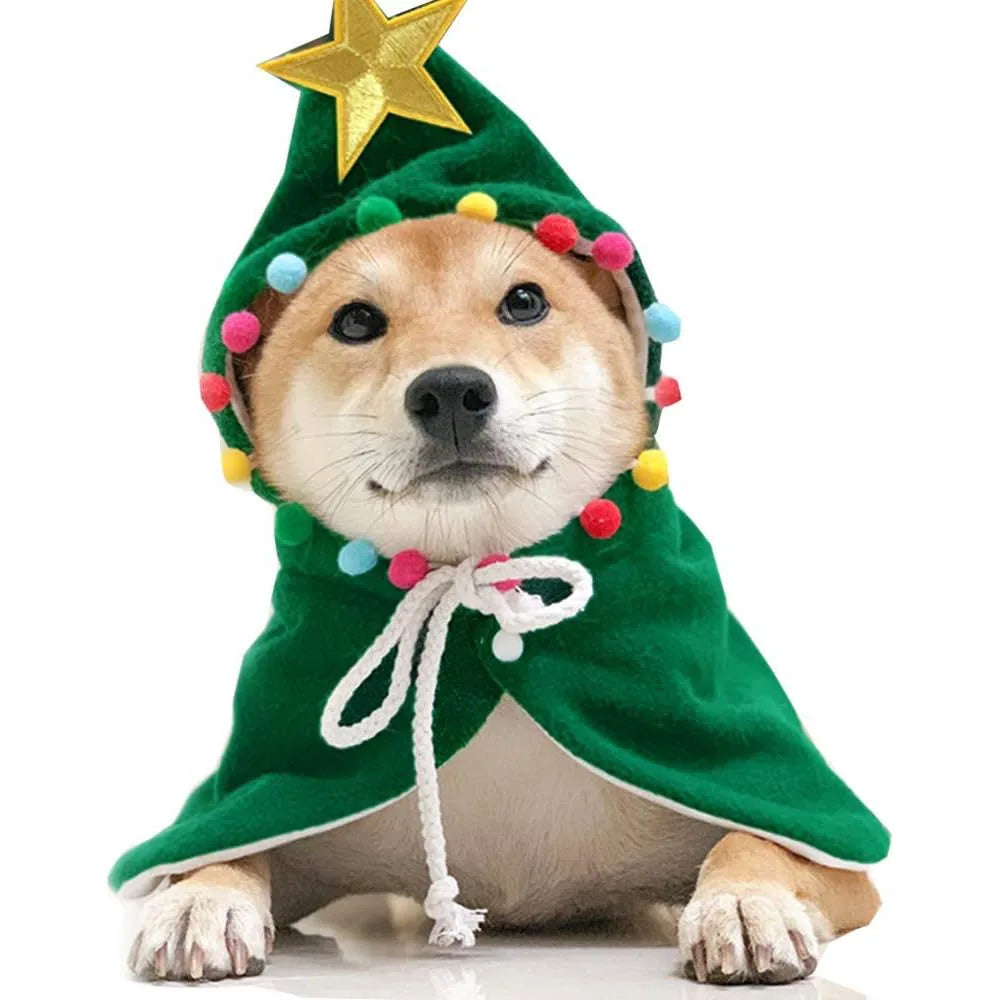 Pet Cat Dog Christmas Costumes Xmas Cloak with Stars and Pompons Christmas Cape Festive Pet Apparel Clothing for Small Dogs Cats