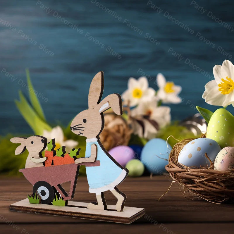 2025 Easter Wooden Rabbit Ornaments Standing Bunny with Flower for Spring Easter Party Home Table Decoration DIY Crafts Supplies