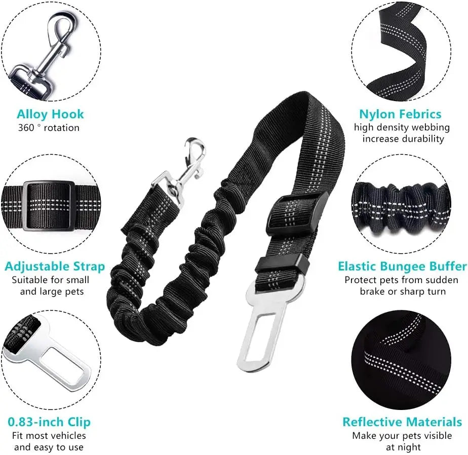Adjustable Dog Seatbelt for Small Medium Large Dogs with Elastic Shock Absorbing Bungee Buffer Reflective Safety Dog Car Harness