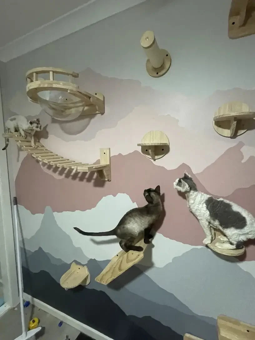 Solid Wood Wall Mounted Cat Tree Wooden Shelves Segment Ladders with Hammock and Cat House Cat Bridge for Kittens Perch Sleeping