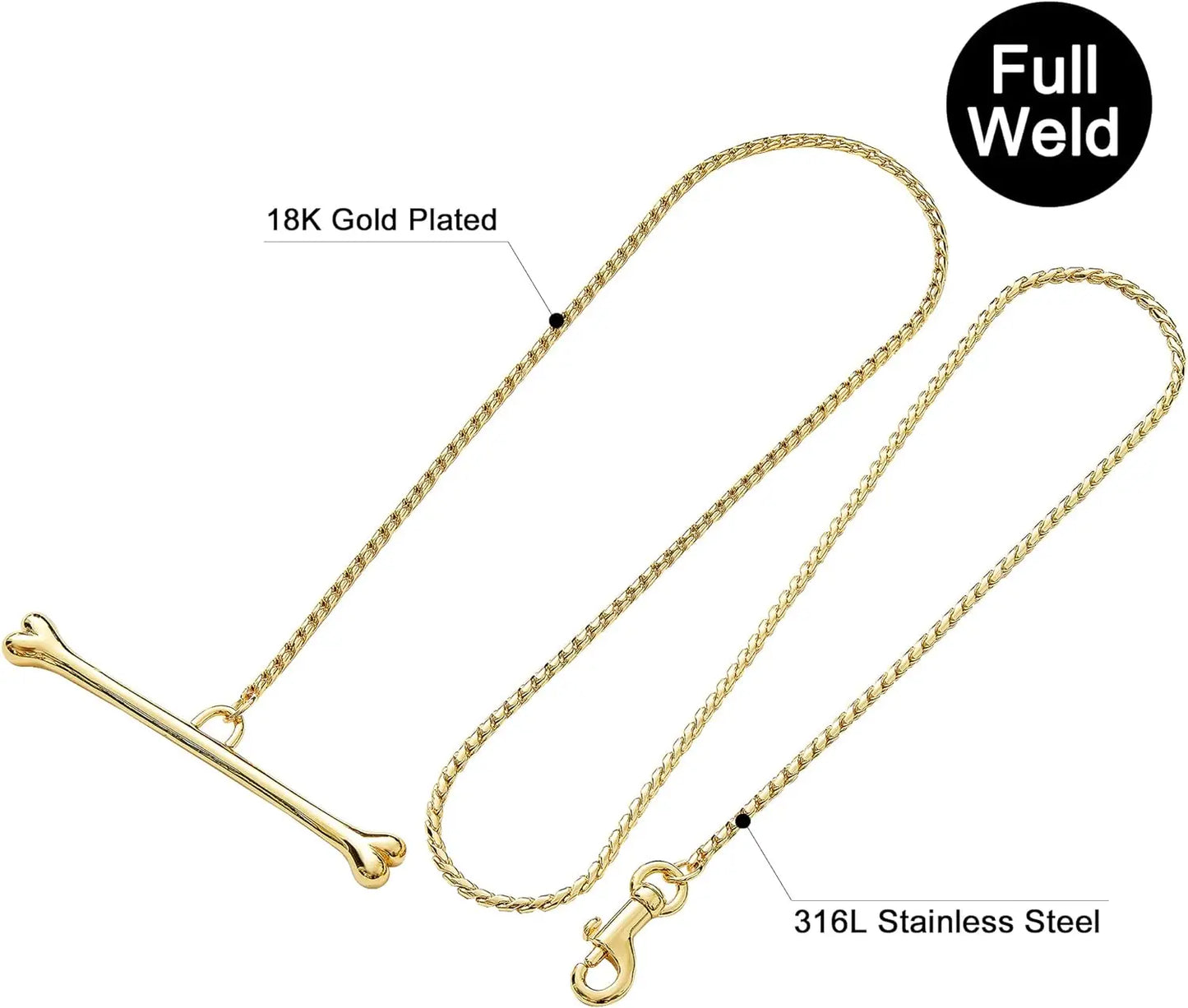 Stainless Steel Cuban Chain Dog Leash for Small Medium Large Dogs, 3ft Strong Chew Proof 18K Gold Dog Rope Chain with Bone Hand