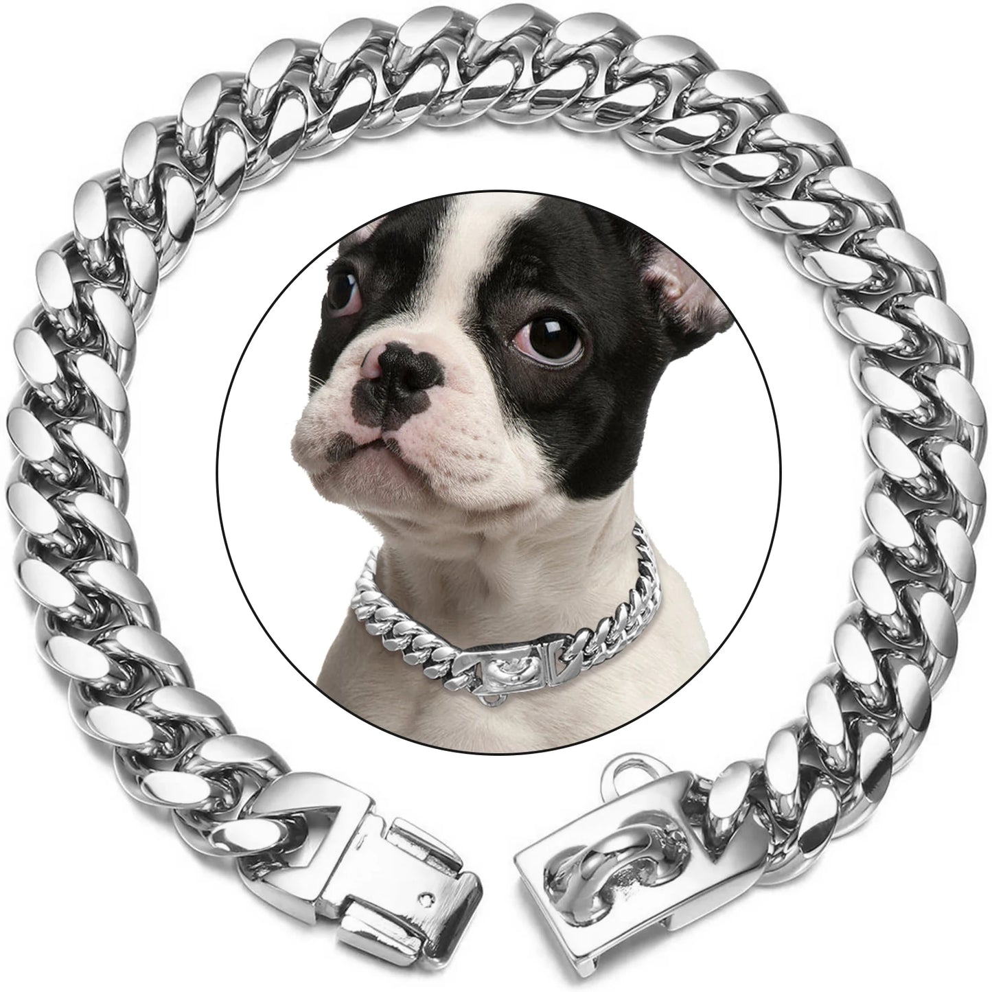 Strong Stainless Steel Dog Collar Choke with Safety Buckle Lock Golden Cuban Link Chain Metal Necklace Training Collar for Pets