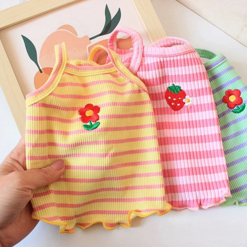 Flower Embroidery Pet Vest for Small Dogs Sweet Summer Striped Teddy Bear Cat Clothes Soft Cotton Designer Puppy Kitten T Shirt