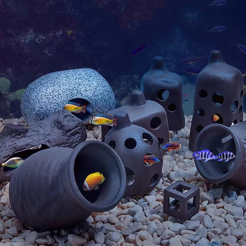 Great Ceramic Aquarium Decoration Fish Shrimps Shelter House Pottery Scorpion House Canister Simulation Stone Fish Tank Decor