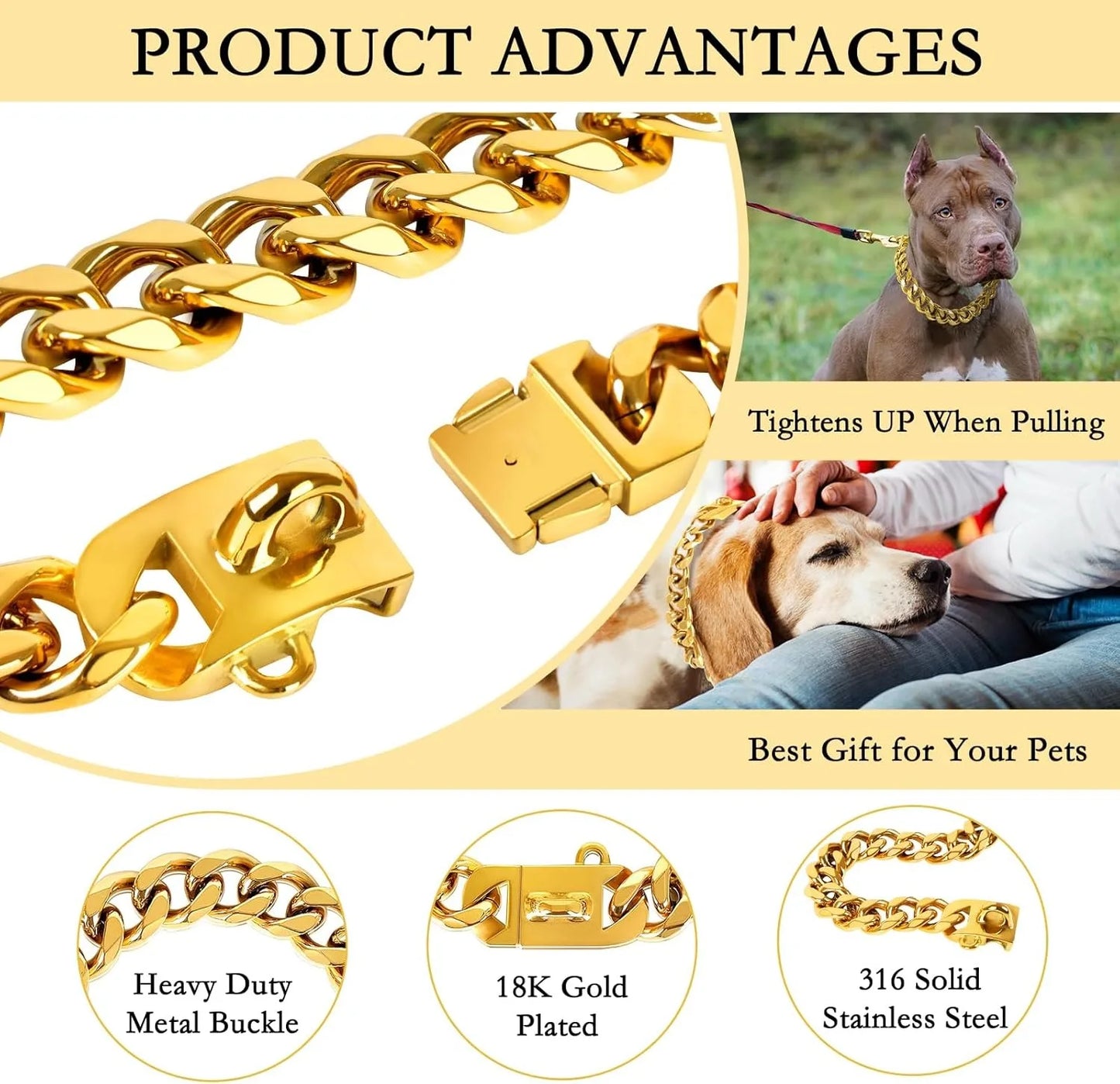 23MM Gold Dog Collar,Dog Chain Collars with Cuban Link Dog Collar,Heavy Duty Training Collar Chew Proof for Medium Dogs