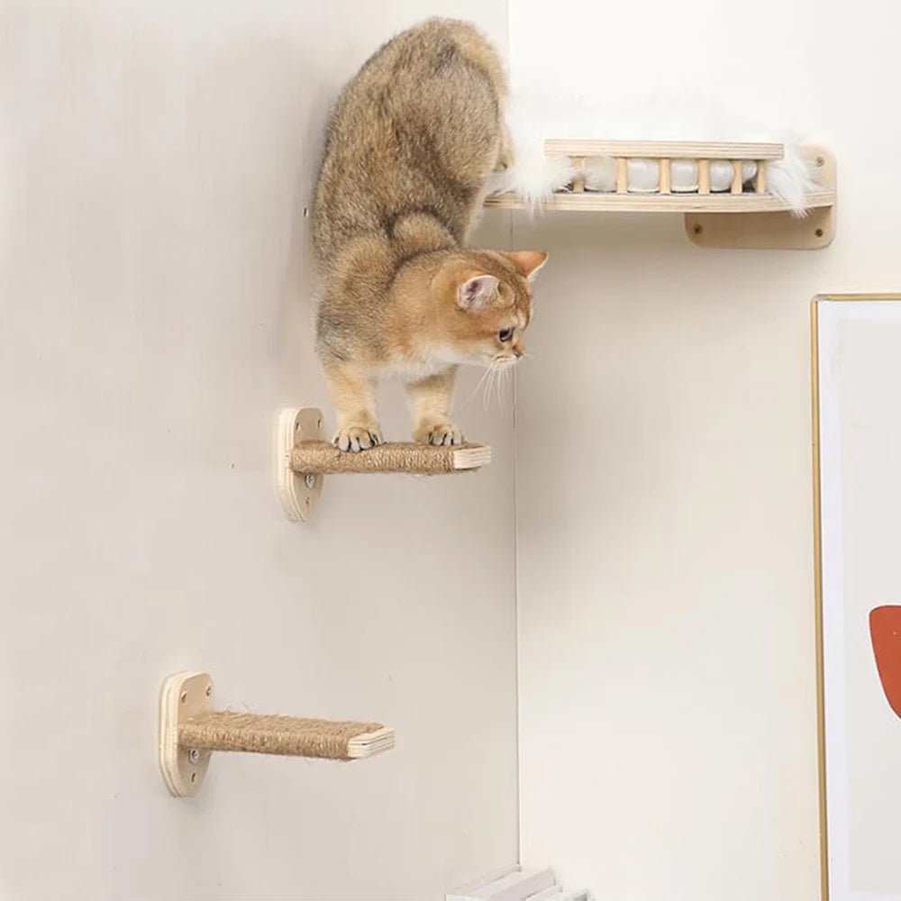 Cat Tree Wall Mounted Climbing Shelves Wooden Hammock with Ladder and Cats Perch Sleeping Pet Indoor Playground Pet Furniture