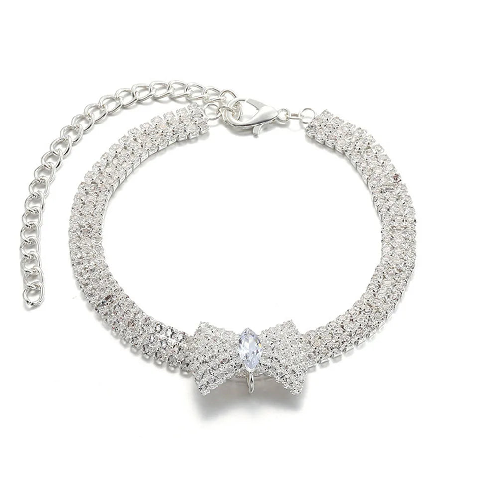 Adjustable Crystal Pet Necklace Cute Rhinestone BowTie Dog Collars Kitten Puppy Jewelry Necklace Photo Props for Small Animals